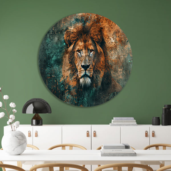Mysterieus leeuwenportret met abstracte texturen aluminium muurcirkel