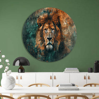Mysterieus leeuwenportret met abstracte texturen aluminium muurcirkel