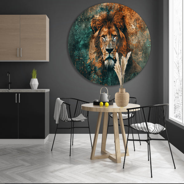 Mysterieus leeuwenportret met abstracte texturen aluminium muurcirkel