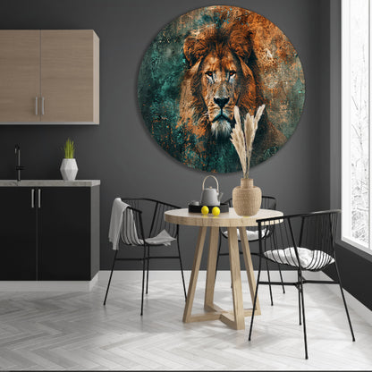Mysterieus leeuwenportret met abstracte texturen aluminium muurcirkel