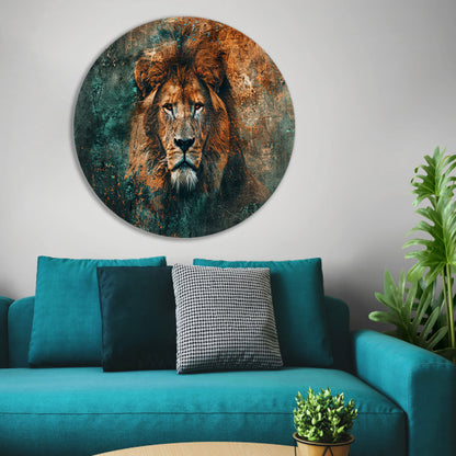 Mysterieus leeuwenportret met abstracte texturen aluminium muurcirkel