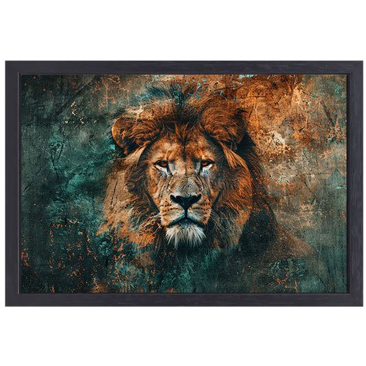 Mysterieus leeuwenportret met abstracte texturen canvas met baklijst