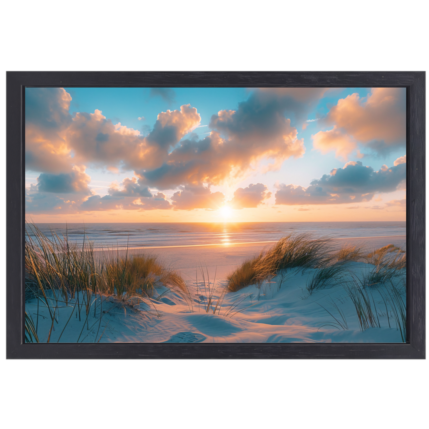 Betoverende zonsopgang op een rustig zandstrand canvas met baklijst