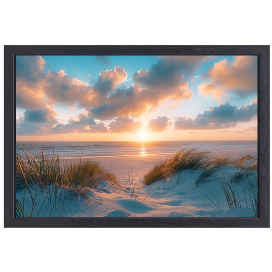 Betoverende zonsopgang op een rustig zandstrand canvas met baklijst