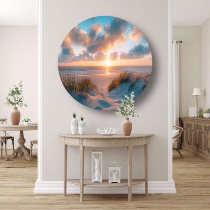 Betoverende zonsopgang op een rustig zandstrand forex muurcirkel