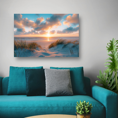 Betoverende zonsopgang op een rustig zandstrand canvas