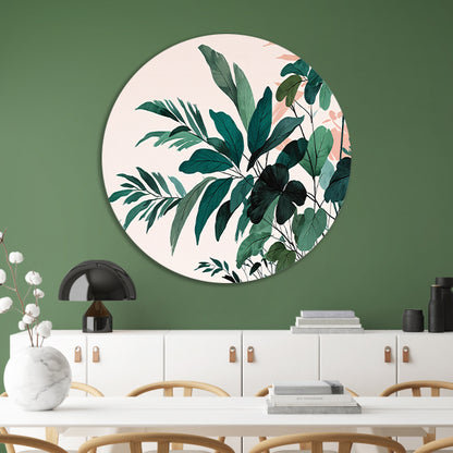 Japandi stijl botanisch kunstwerk met bladeren aluminium muurcirkel