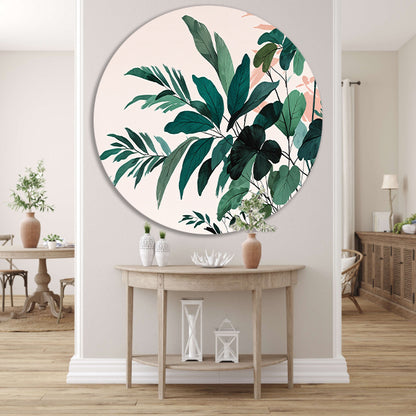Japandi stijl botanisch kunstwerk met bladeren aluminium muurcirkel