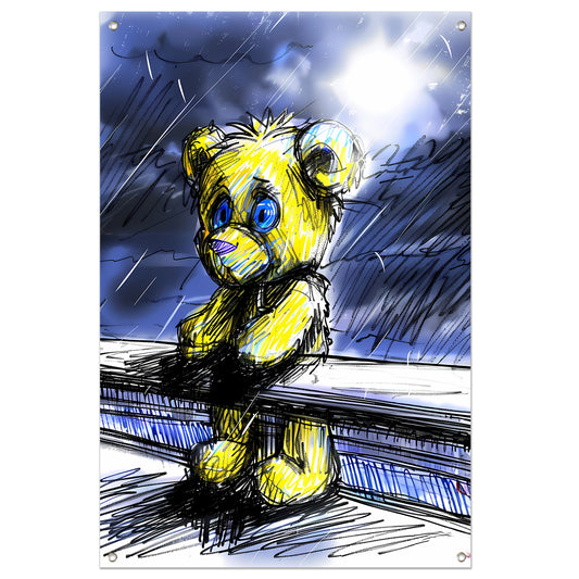 Eenzame gele teddybeer in de regen tuinposter