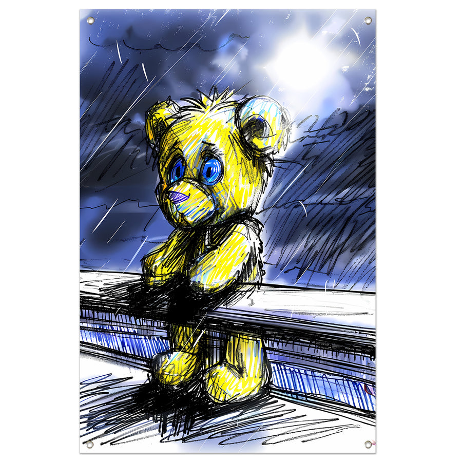 Eenzame gele teddybeer in de regen tuinposter