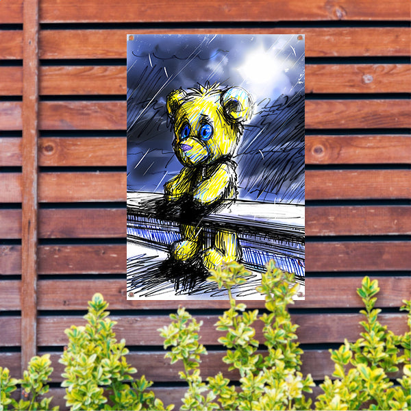 Eenzame gele teddybeer in de regen tuinposter