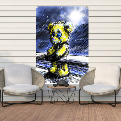 Eenzame gele teddybeer in de regen tuinposter