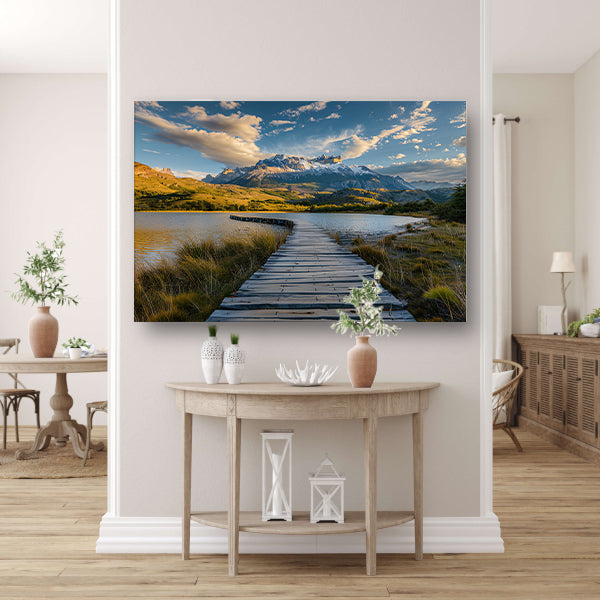 Brug naar serene berglandschap bij meer canvas