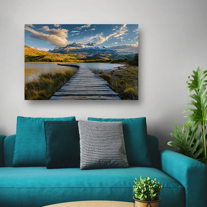 Brug naar serene berglandschap bij meer canvas