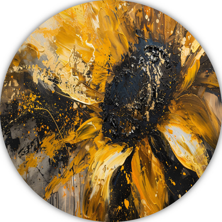 Dynamische abstracte zonnebloem in goud en zwart forex muurcirkel