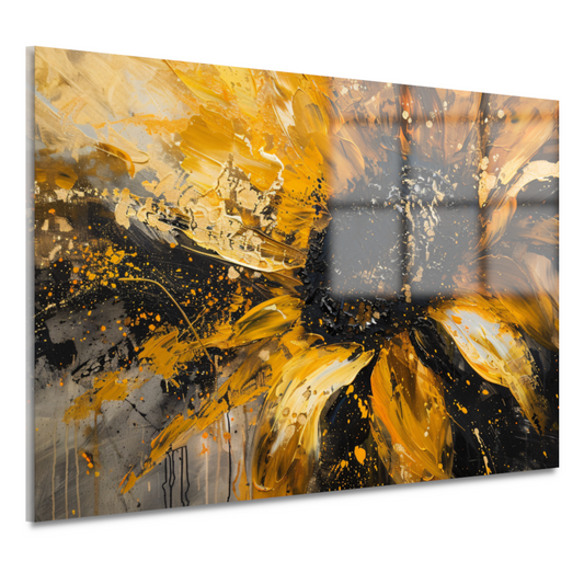 Dynamische abstracte zonnebloem in goud en zwart acrylglas