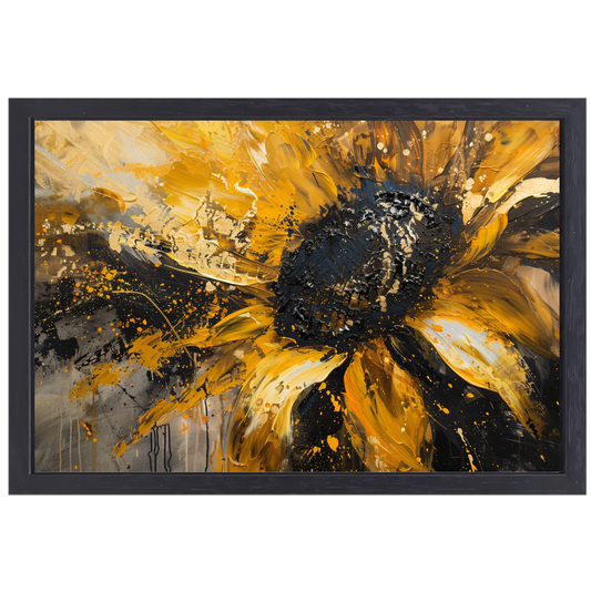 Dynamische abstracte zonnebloem in goud en zwart canvas met baklijst