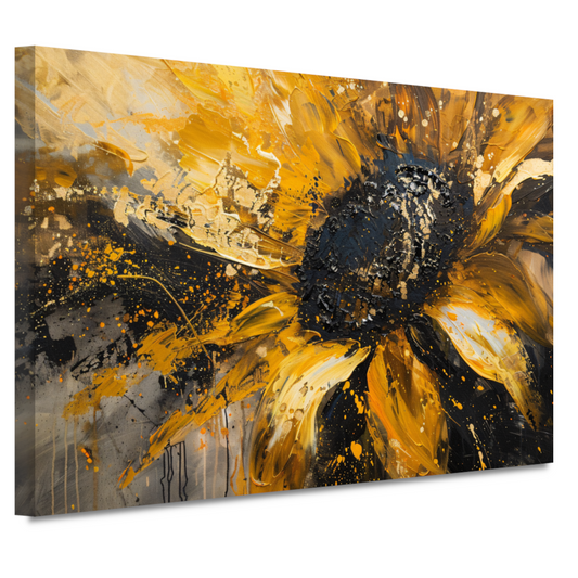 Dynamische abstracte zonnebloem in goud en zwart canvas