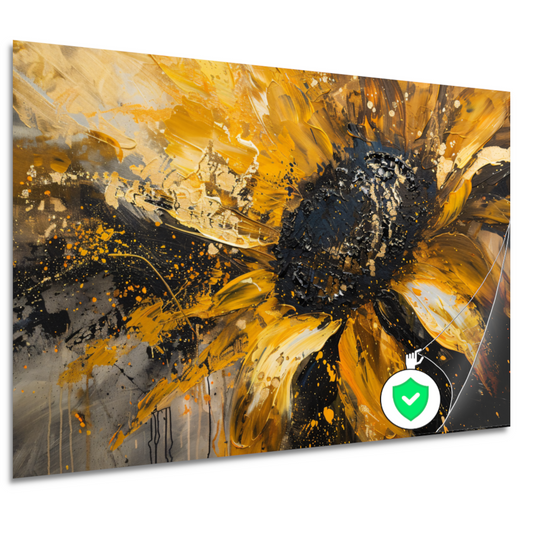 Dynamische abstracte zonnebloem in goud en zwart poster