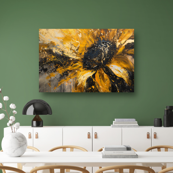 Dynamische abstracte zonnebloem in goud en zwart poster
