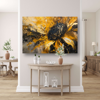 Dynamische abstracte zonnebloem in goud en zwart poster