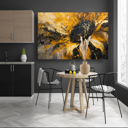 Dynamische abstracte zonnebloem in goud en zwart poster