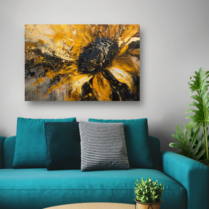 Dynamische abstracte zonnebloem in goud en zwart poster