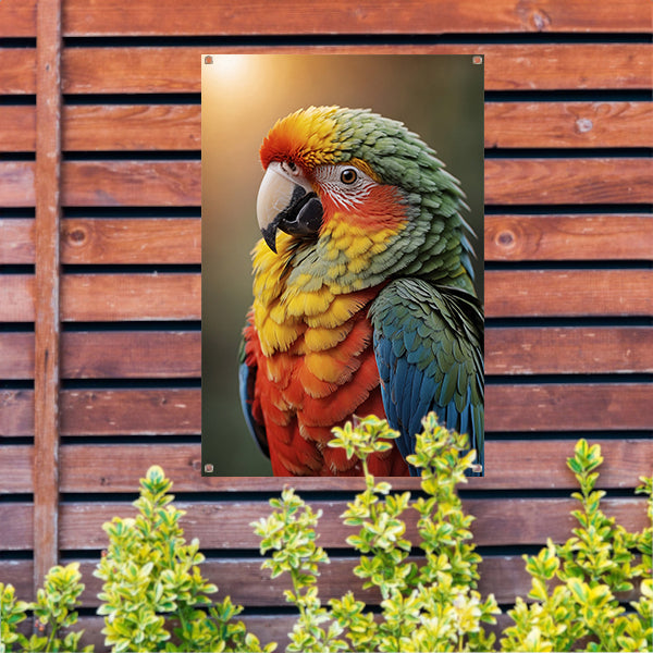 Kleurrijke papegaai bij zonsondergang tuinposter