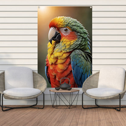 Kleurrijke papegaai bij zonsondergang tuinposter