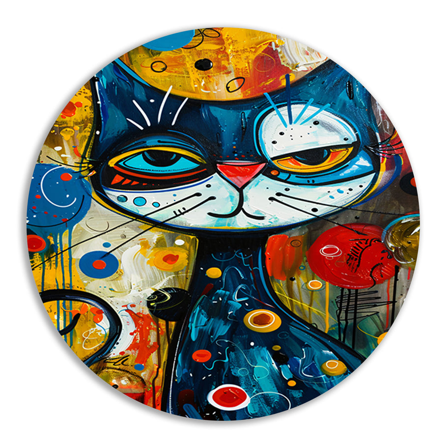 Kleurrijk Popart Schilderij van een Kat aluminium muurcirkel