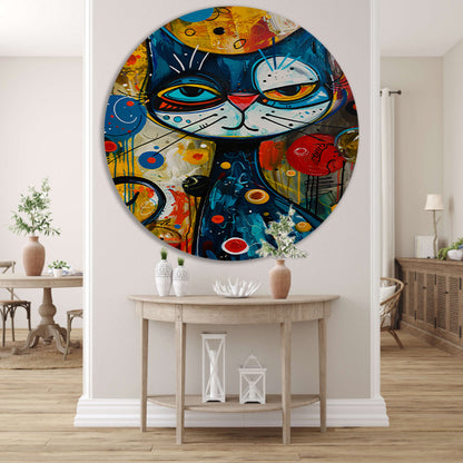 Kleurrijk Popart Schilderij van een Kat aluminium muurcirkel
