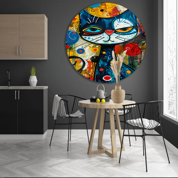 Kleurrijk Popart Schilderij van een Kat aluminium muurcirkel
