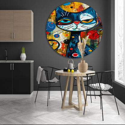 Kleurrijk Popart Schilderij van een Kat aluminium muurcirkel