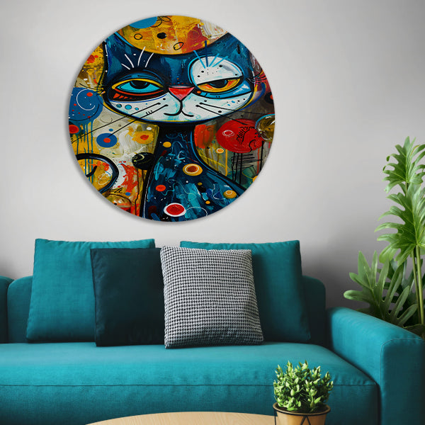Kleurrijk Popart Schilderij van een Kat aluminium muurcirkel