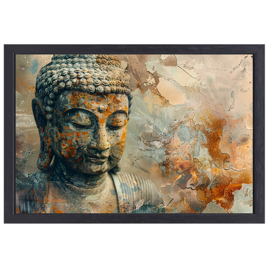 Verweerd Boeddha Hoofd met Abstracte Achtergrond canvas met baklijst