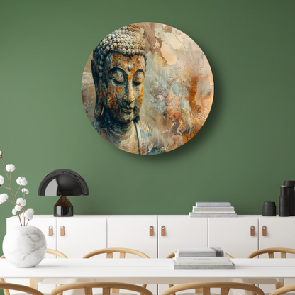 Verweerd Boeddha Hoofd met Abstracte Achtergrond aluminium muurcirkel