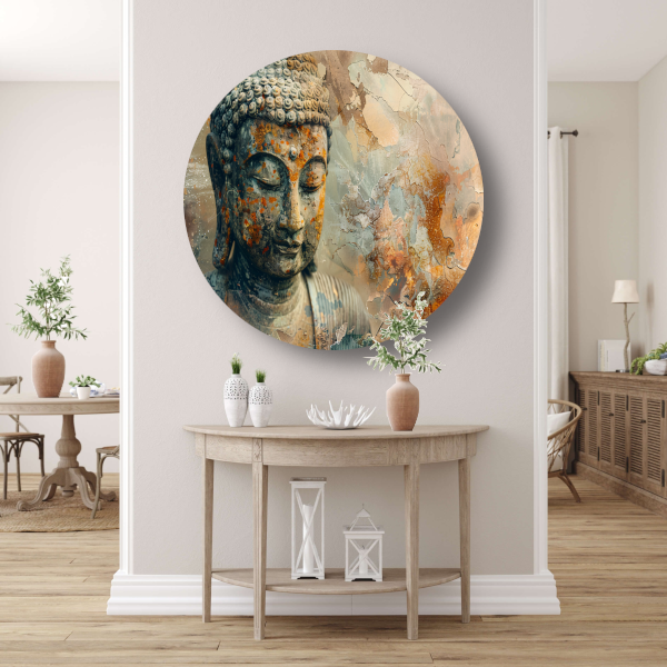Verweerd Boeddha Hoofd met Abstracte Achtergrond aluminium muurcirkel