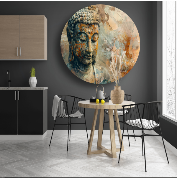 Verweerd Boeddha Hoofd met Abstracte Achtergrond aluminium muurcirkel