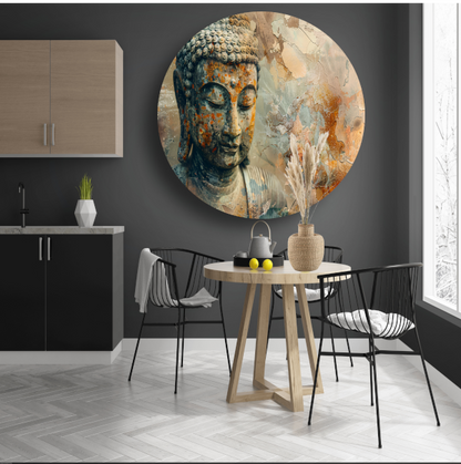 Verweerd Boeddha Hoofd met Abstracte Achtergrond aluminium muurcirkel