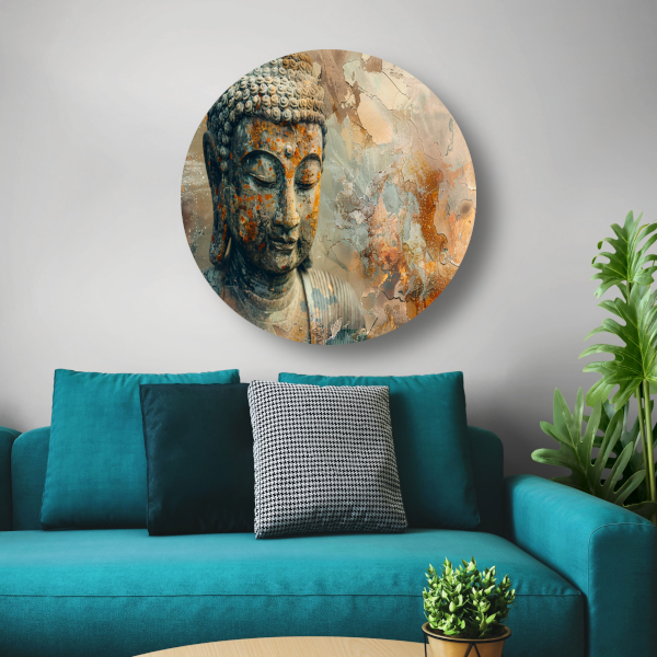 Verweerd Boeddha Hoofd met Abstracte Achtergrond aluminium muurcirkel