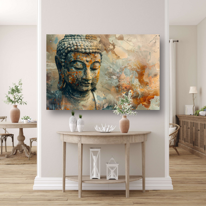 Verweerd Boeddha Hoofd met Abstracte Achtergrond poster
