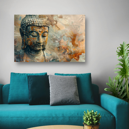 Verweerd Boeddha Hoofd met Abstracte Achtergrond poster