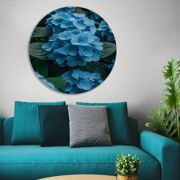 Blauwe bloemen in de tuin aluminium muurcirkel
