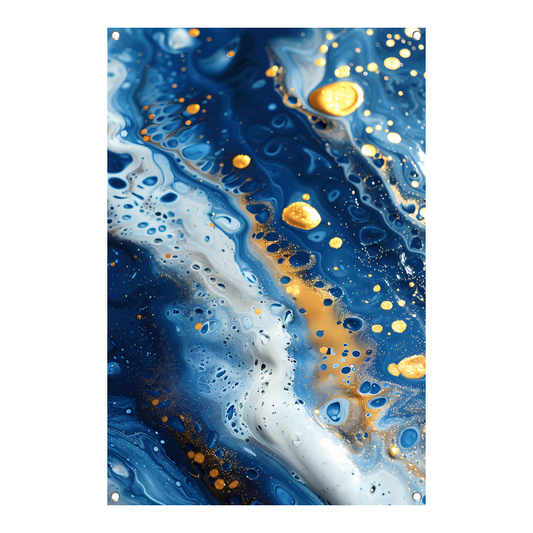 Abstract schilderij met blauwe en gouden tinten tuinposter