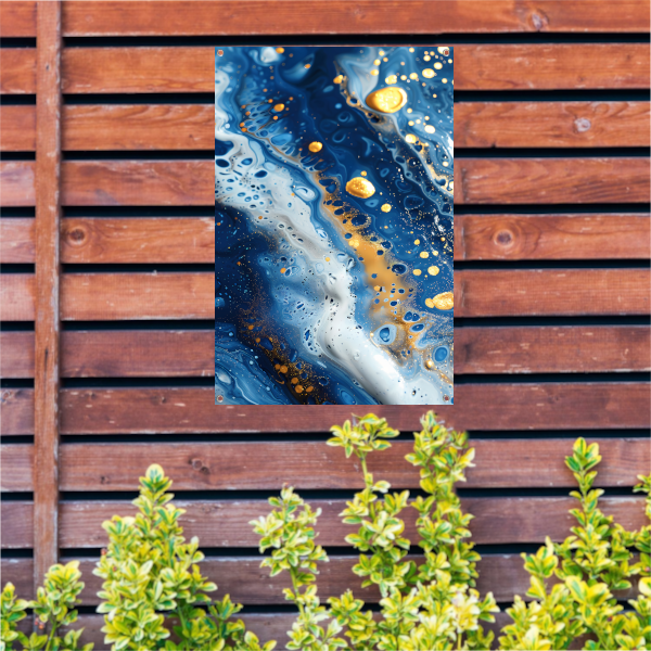 Abstract schilderij met blauwe en gouden tinten tuinposter