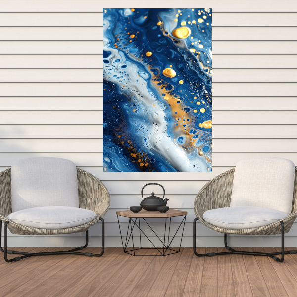 Abstract schilderij met blauwe en gouden tinten tuinposter