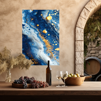 Abstract schilderij met blauwe en gouden tinten tuinposter