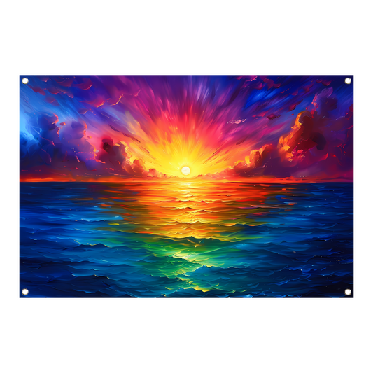 Kleurrijke zonsondergang boven kalme zee tuinposter