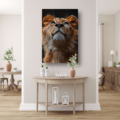 Majestueuze leeuw met intense blik omhoog canvas met baklijst
