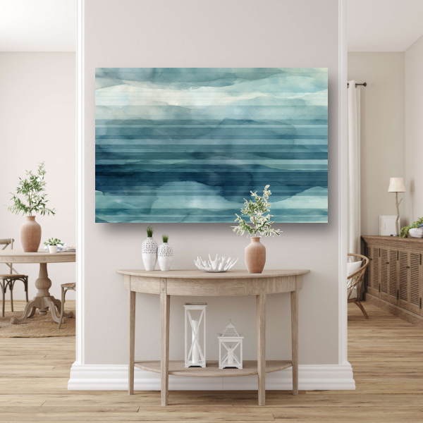 Aquarel landschap met blauwe lucht en witte wolken canvas met baklijst